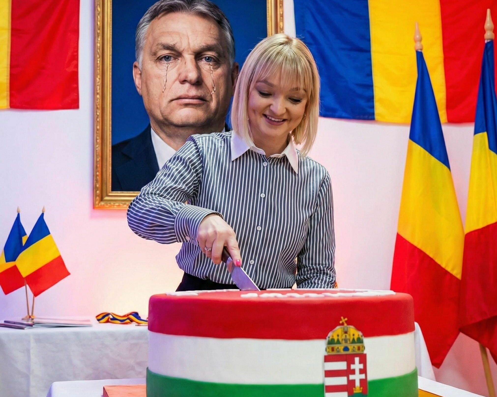 Deputata AUR Lidia Vadim Tudor gest provocator pe retelele sociale apare tind un tort cu steagul Ungariei in fundal fiind o fotografie editata in care Viktor Orban plange