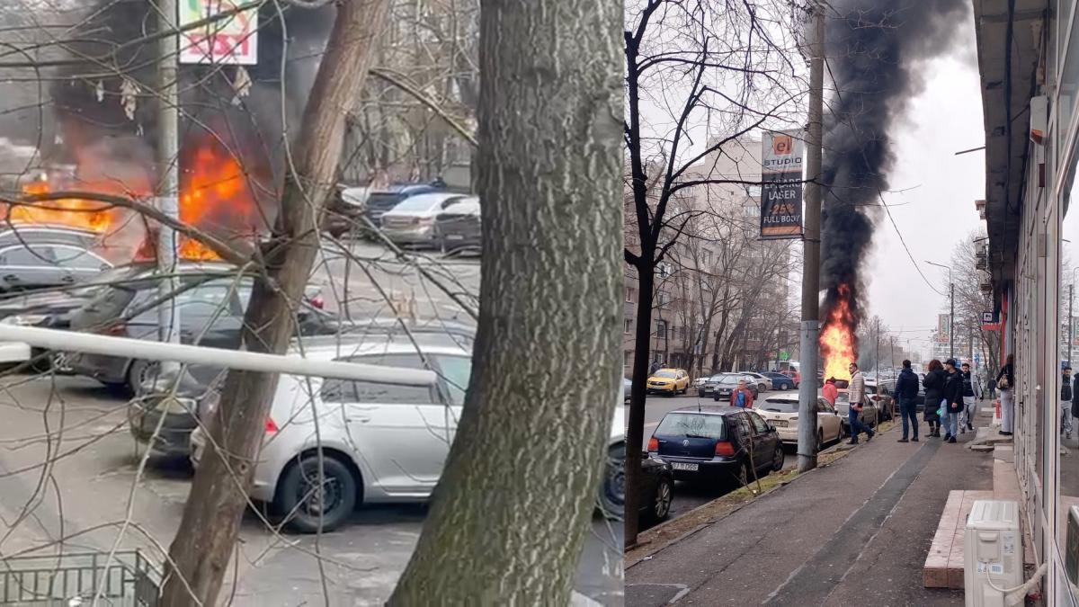 Incendiu puternic pe un bulevard din Bucuresti O masina a luat foc in trafic pasagerul din dreapta