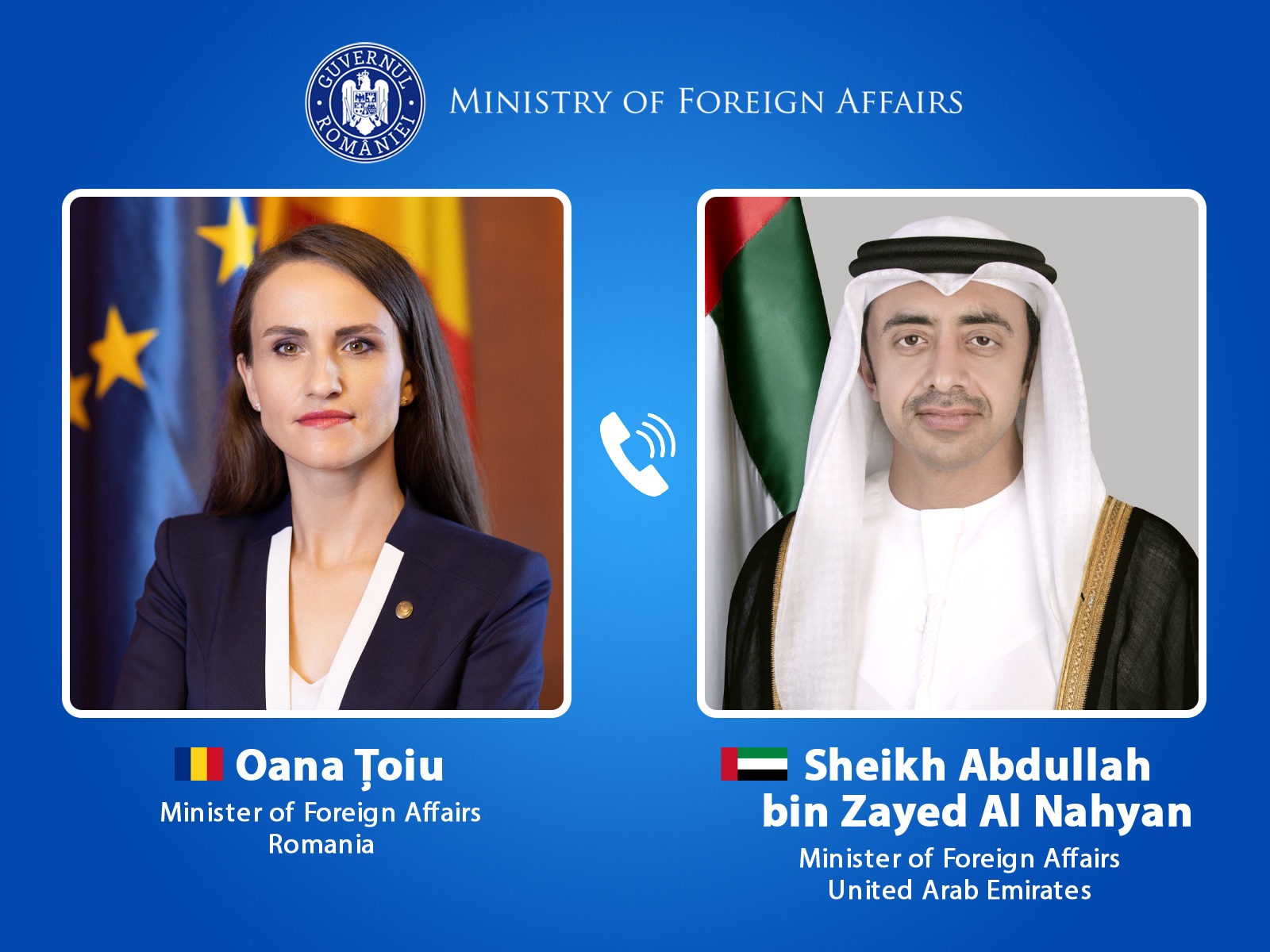 Oana Toiu discutie cu seicul Abdullah bin Zayed Romania isi arata solidaritatea fata de Emiratele Arabe Unite in urma atacurilor iraniene