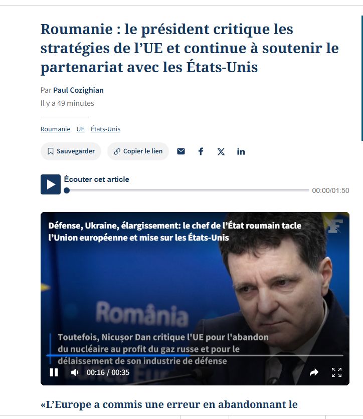 Mesajul lui Nicusor Dan in presa internationala Le Figaro Presedintele Romaniei critica strategiile UE si reafirma sustinerea parteneriatului cu Statele Unite